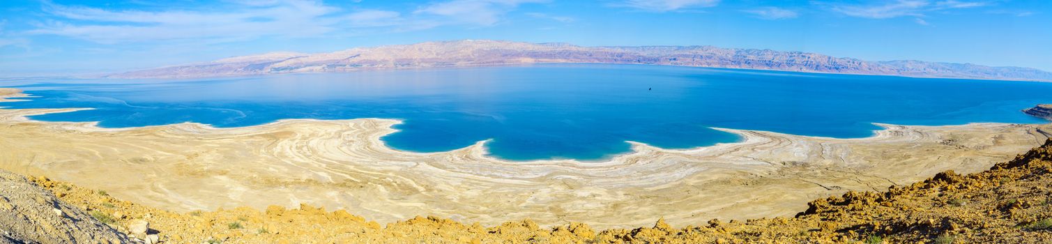 Panoramic landscape of the coastline of the Dead Sea, between Israel and Jordan