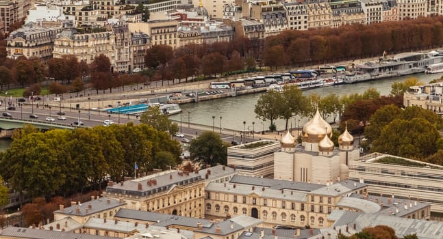 Paris, France - October 8, 2017: Aerial view of Paris with the Cathedral of the Holy Trinity of Paris, a Russian Orthodox Church inaugurated in October 2016