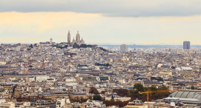 Paris, France - October 10, 2017: Aerial view of Paris with the Basilica of the Sacred Heart in the background on a fall day