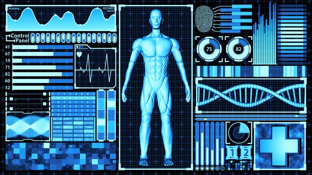 8K 3D Rendering Human Body and DNA double helix Scan Analysis Abstract Medical Futuristic HUD Display Screen interface ver.1 (full view)