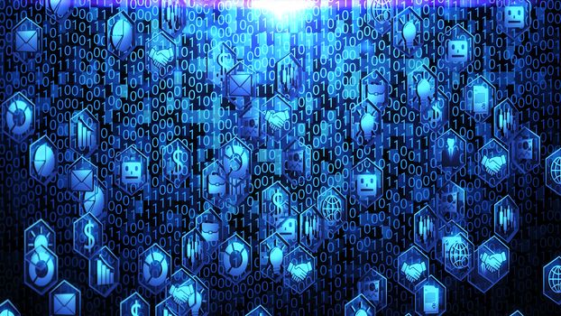 8K 3D Business and Technology Icons Spin in Hexagon Border and Hovering on The Random Binary Code Background with Blue Lighting ver. 1 (full view)