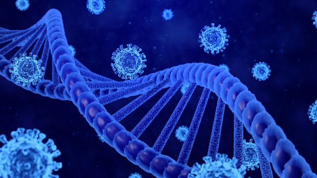 3D Rendering Coronavirus/COVID-19 and DNA Helix Models Moving in Abstract Blue Background Still Image