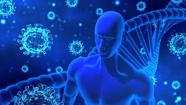 3D Rendering Virus/COVID-19, Human/AI Body and DNA Helix Model in Abstract Blue Background Still Image