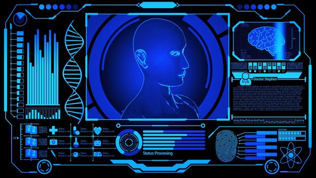 3D Human Head Model Rendering Rotating in Medical Futuristic HUD Display Screen including DNA, Digital Brain Scan, Fingerprint and more with Blue Color Still Image Ver.1 (Full screen)