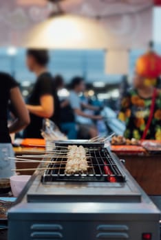 Mala is Grilled meat (Beef, Pork, Chickens or Mushroom) with chilli sauce and chinese hot spicy herb (Sichuan Pepper) for sale at Thai street food market or restaurant in Bangkok Thailand