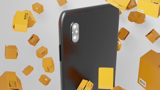 8K 3D render Smartphone's Back View with Parcels Hovering and Falling down all over the Screen Background