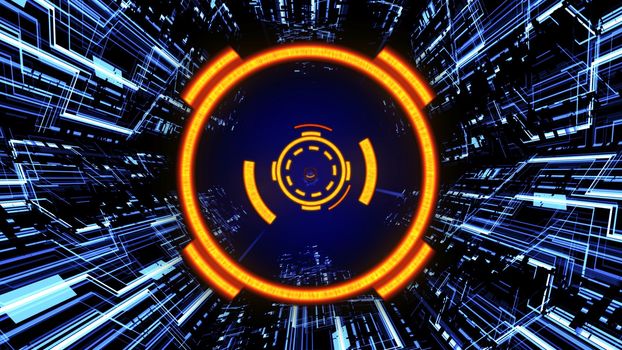 3D Abstract Futuristic Digital Circuit Board Tunnel HUD including Energy Circles with Glowing Light Blue Vibrance Color Waves Background Ver.3 of 3