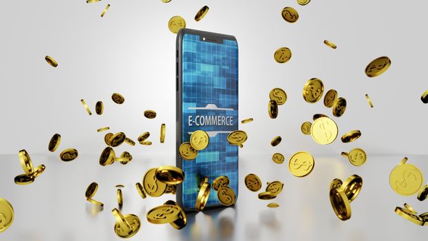 8K E-commerce 3D render Smartphone and Golden Dollar Coins Falling and Bouncing on the Floor with Abstract Digital Display on the Screen Ver.3