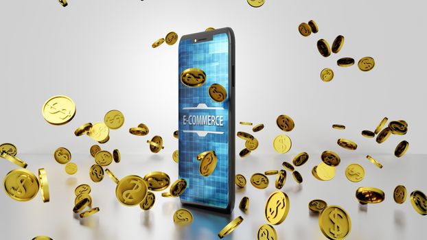8K E-commerce 3D render Smartphone and Golden Dollar Coins Falling and Bouncing on the Floor with Abstract Digital Display on the Screen Ver.2