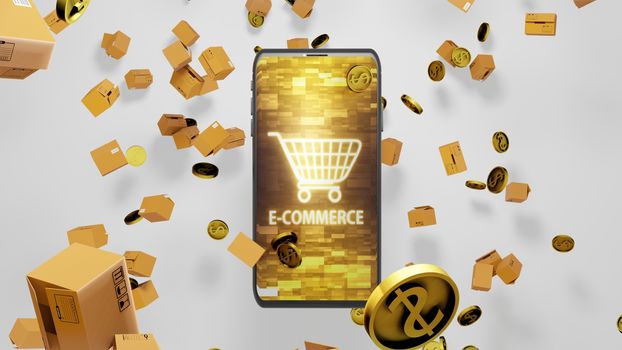 8K E-commerce 3D render Smartphone, Parcels, and Golden Coins Falling down with Shopping cart on Abstract Digital Display on the Screen Ver.1