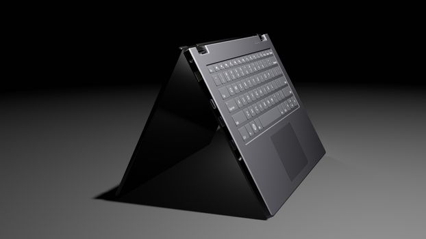 8K 3D rendered isolated Laptop with Blank Screen Flip Over Display on the floor in the Dark room with one light source (Keyboard Side)