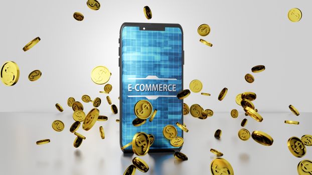 8K E-commerce 3D render Smartphone and Golden Dollar Coins Falling and Bouncing on the Floor with Abstract Digital Display on the Screen Ver.1