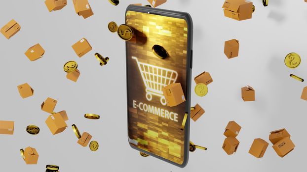 8K E-commerce 3D render Smartphone, Parcels, and Golden Coins Falling down with Shopping cart on Abstract Digital Display on the Screen Ver.2