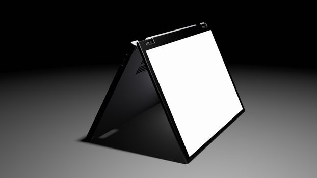 8K 3D rendered isolated Laptop with Blank Screen Flip Over Display on the floor in the Dark room with one light source (Screen Side)