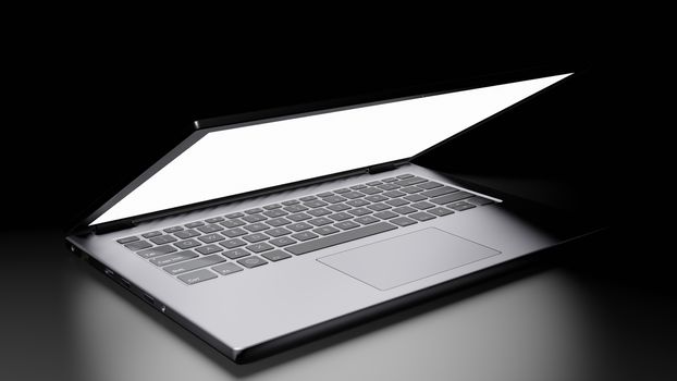 8K 3D rendered isolated Half Opened Laptop with Blank Screen Display on the floor in the Dark room with one light source Version 1