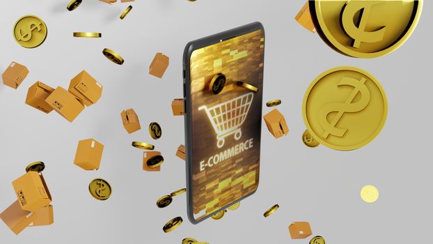 8K E-commerce 3D render Smartphone, Parcels, and Golden Coins Falling down with Shopping cart on Abstract Digital Display on the Screen Ver.3