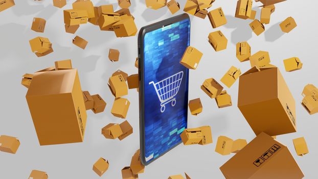 8K E-commerce 3D render Smartphone and Parcels Falling down with Shopping cart on Abstract Digital Display on the Screen Ver.3