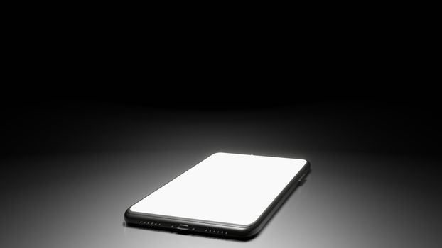 8K 3D Rendered Isolated Smartphone on the Floor in the Dark Room with One Light Source and Screen turn on