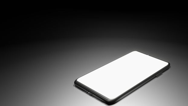 8K 3D Rendered Isolated Smartphone on the Floor in the Dark Room with One Light Source and Screen turn on (Right side)