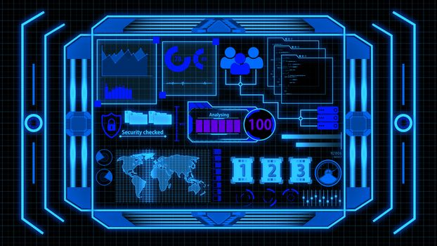 Screen With Blue Data Analysis Details including Loading bar, world map, cyber security, graph, chart, hacker typing and digital elements Background