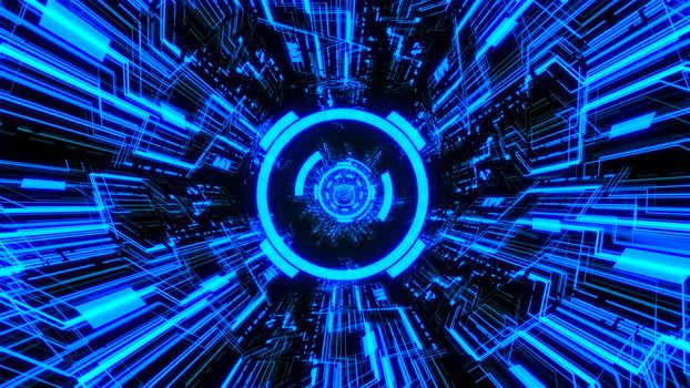3D Digital Circuit System Tunnels and Waves with Digital Circles in the middle in Blue color theme Background Ver.2