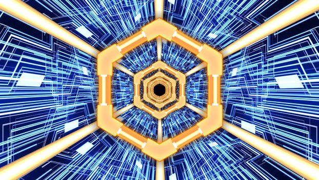 3D Abstract Digital Circuit System Tunnel with Hexagon Rings Borders in Orange-Blue Color Theme Background