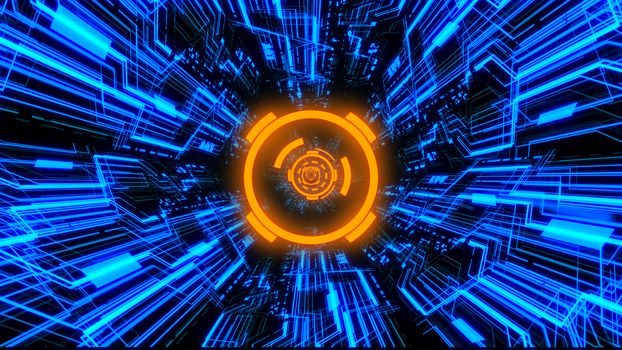 3D Digital Circuit System Tunnels and Waves with Digital Circles in the middle in Orange-Blue color theme Ver.1