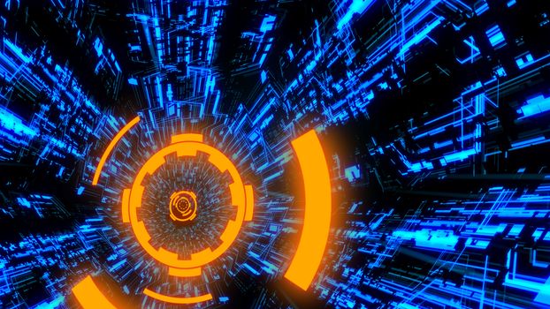 3D Digital Circuit System Tunnels and Waves with Digital Circles in the middle in Orange-Blue color theme Background Ver.3
