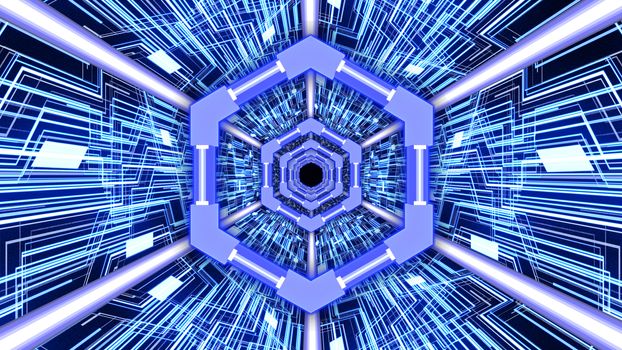3D Abstract Digital Circuit System Tunnel with Hexagon Rings Borders in Blue Color Theme Background