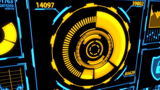 Data Transmission and Digital Transformation Screen with Details in Yellow-Blue color theme including Panels, Graphs, Charts , 3D Earth and digital elements Ver.2