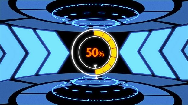 3D Loading screen HUD in Technology Laboratory with Arrow Path Lights, Loading Circle and Digital Circles (50% loading)