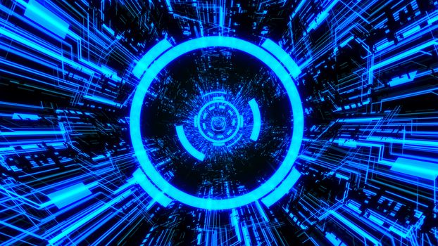 3D Digital Circuit System Tunnels and Waves with Digital Circles in the middle in Blue color theme Background Ver.3