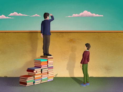 Man using piles of books to create a stair and look over a wall. Digital illustration.