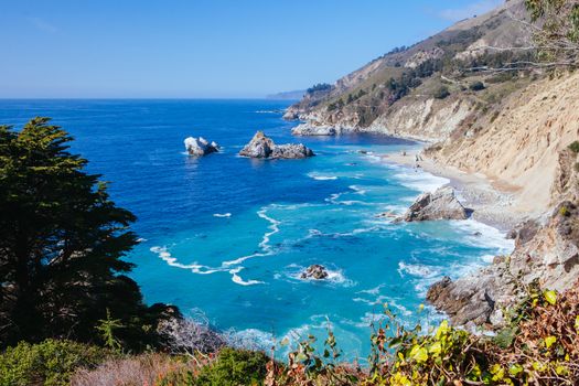A view out to sea on a sunny winter's day along Big Sur coastline in California, USA