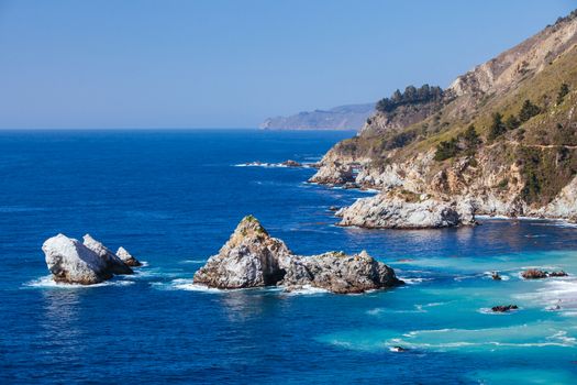 A view out to sea on a sunny winter's day along Big Sur coastline in California, USA