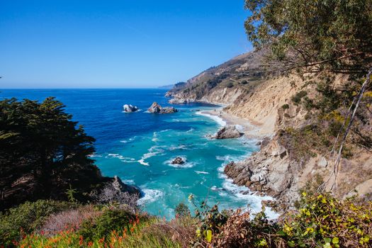 A view out to sea on a sunny winter's day along Big Sur coastline in California, USA