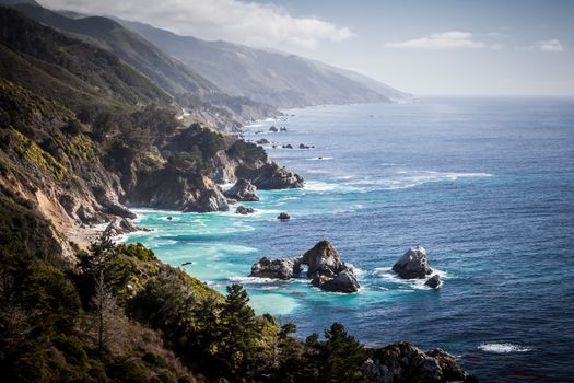 A view out to sea on a sunny winter's day along Big Sur coastline in California, USA
