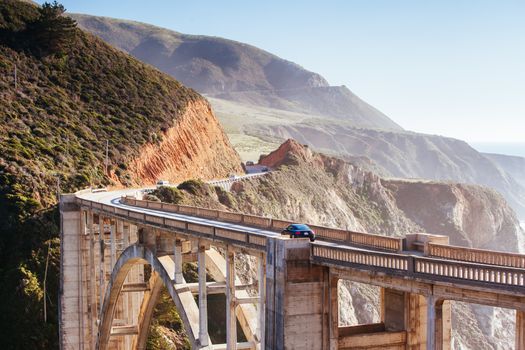 A view of Bixby Bridge out to the Pacific Ocean near Big Sur, California, USA