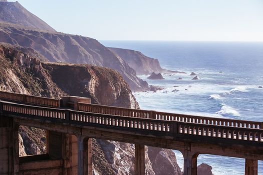 A view of Bixby Bridge out to the Pacific Ocean near Big Sur, California, USA