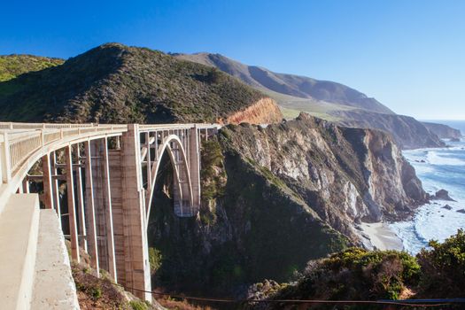 A view of Bixby Bridge out to the Pacific Ocean near Big Sur, California, USA