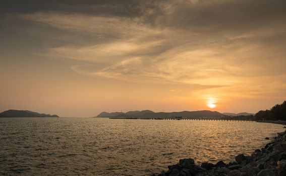 panorama view Sunset or Sundown on the beach and mountains and bridges in dongtan beach, Sattahip, Chonburi Thailand