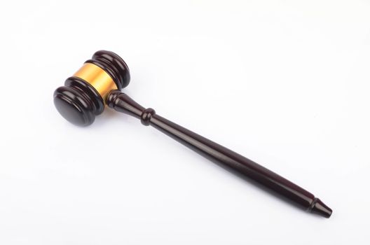 View of a judge hammer or gavel on white background. Law and jurisdiction concept.