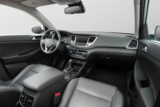 studio shot passenger car interior, front view