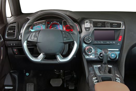 studio shot passenger car interior, front view
