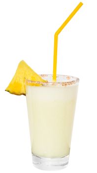 Cocktail pina colada with pineapple slice on a white background.