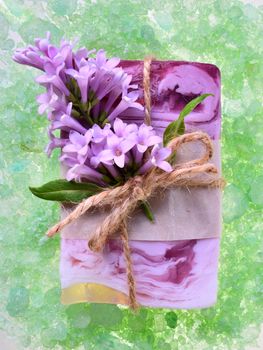 Fragrant spa set with handmade soap and bath salt top view.