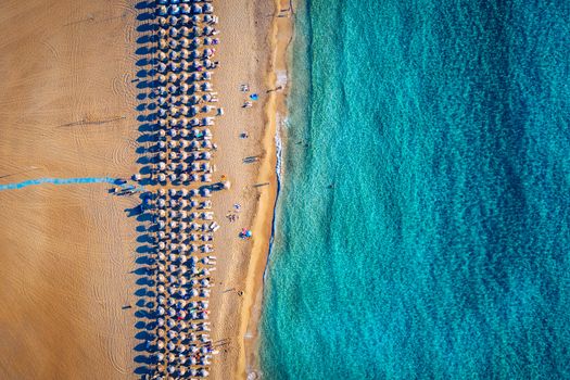 Aerial shot of beautiful turquoise beach Falasarna (Falassarna) in Crete, Greece. View of famous paradise sandy deep turquoise beach of Falasarna (Falassarna) in North West, Crete island, Greece.