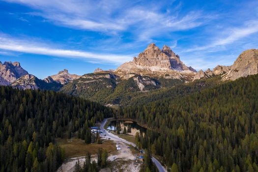 Aerial drone view of Lake Antorno (Lago di Antorno) located in Dolomites area, Belluno Province, Italy. Lake Antorno, Three Peaks of Lavaredo, Lake Antorno and Tre Cime di Lavaredo, Dolomites, Italy.