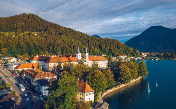 Tegernsee, Germany. Lake Tegernsee in Rottach-Egern (Bavaria), Germany near the Austrian border. Aerial view of the lake "Tegernsee" in the Alps of Bavaria. Bad Wiessee. Tegernsee lake in Bavaria. 