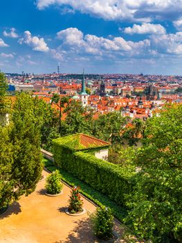 Top view to red roofs skyline of Prague city, Czech Republic. Aerial view of Prague city with terracotta roof tiles, Prague, Czechia. Old Town architecture with terracotta roofs in Prague.